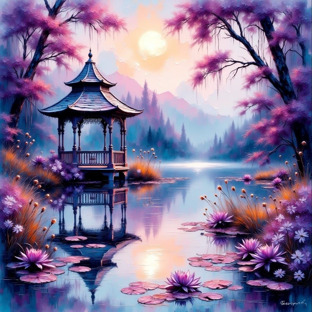 Gazebo on Lake Shore in Watercolor Impasto Style