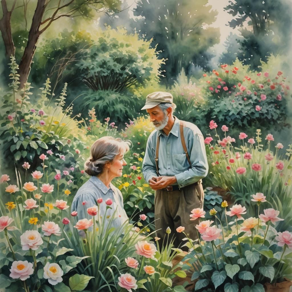 Romantic Couple in Garden, Impressionist Watercolor Style