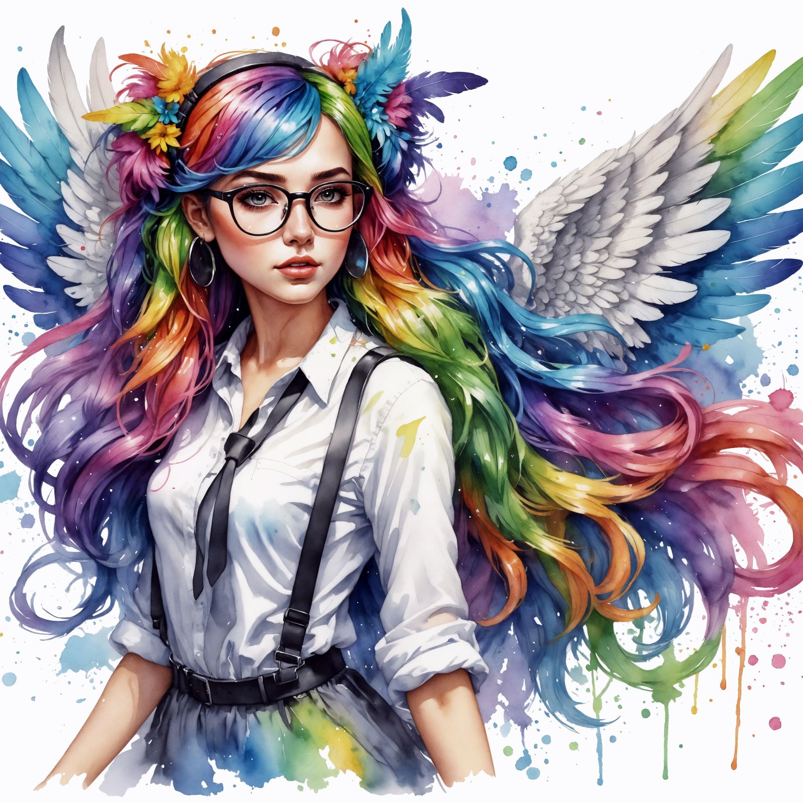 Whimsical Woman with Wings in Watercolor Splash Art