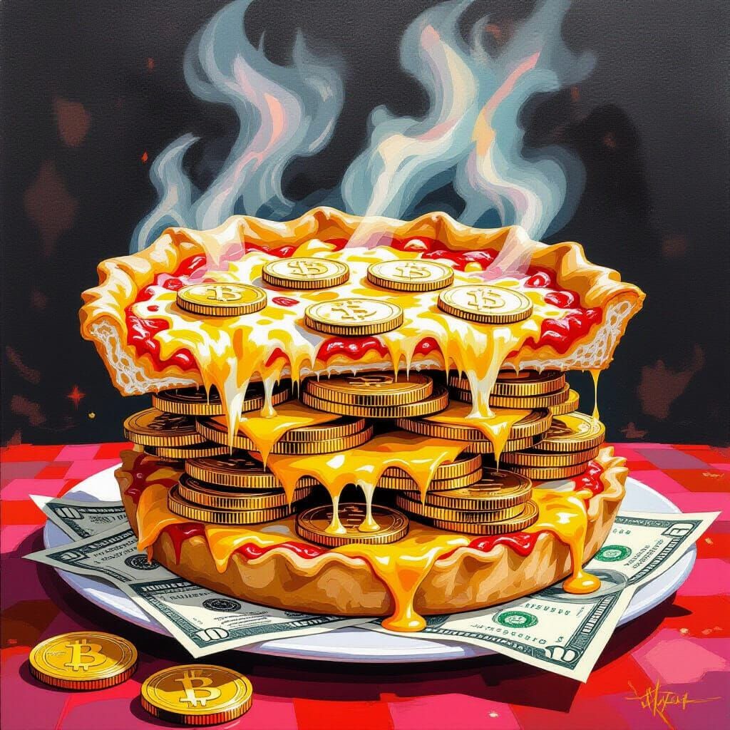 Chicago Pizza Made of Gold in Gouache Style