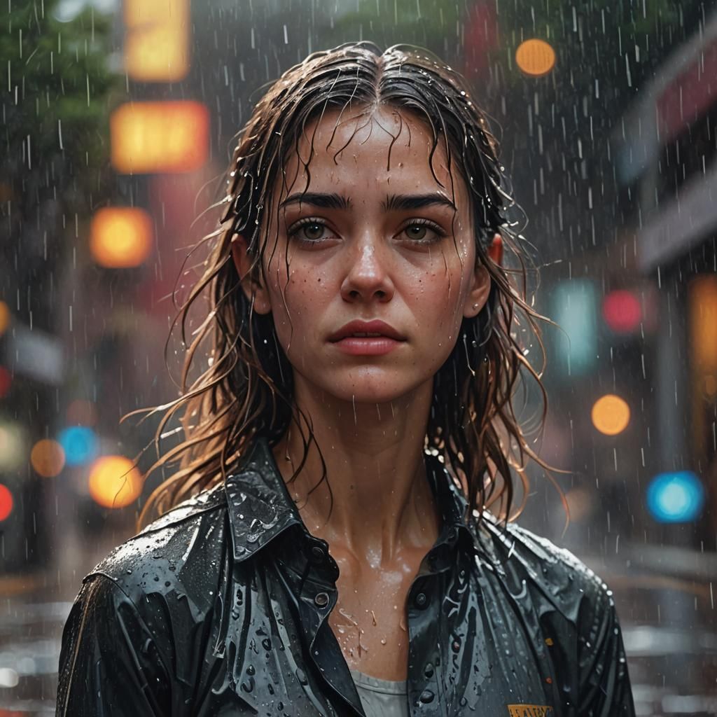 Hyperrealistic Girl Drenched in Colorful Rain