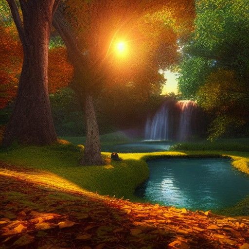 Anime Sunset Over Autumn Trees and Pond