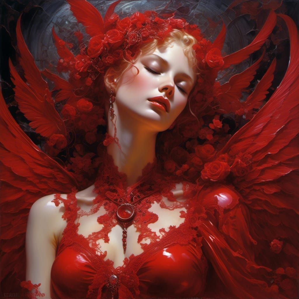 Gothic Angel in Red Latex Lingerie