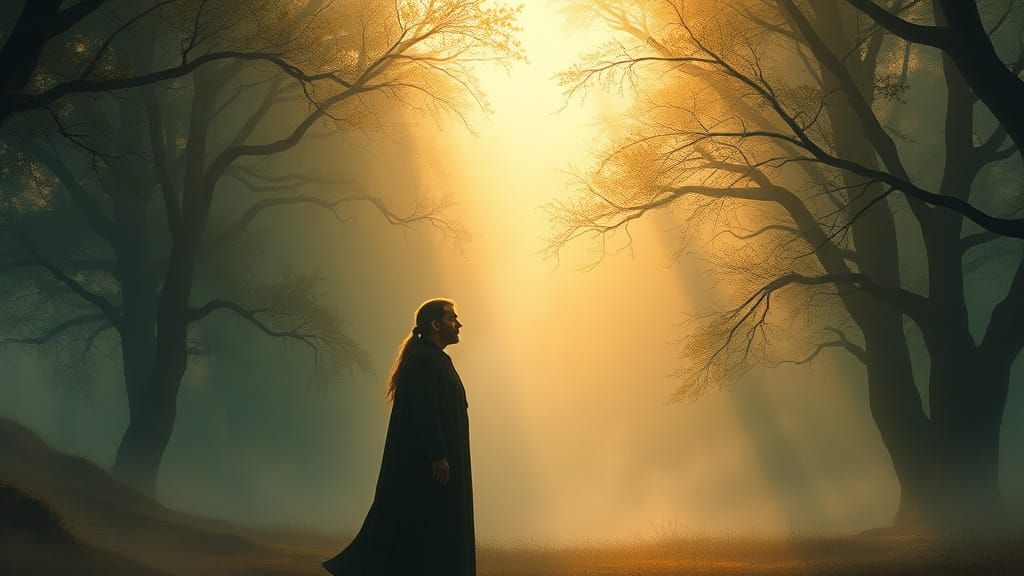 Introspective Figure in Misty Forest: Digital Painting