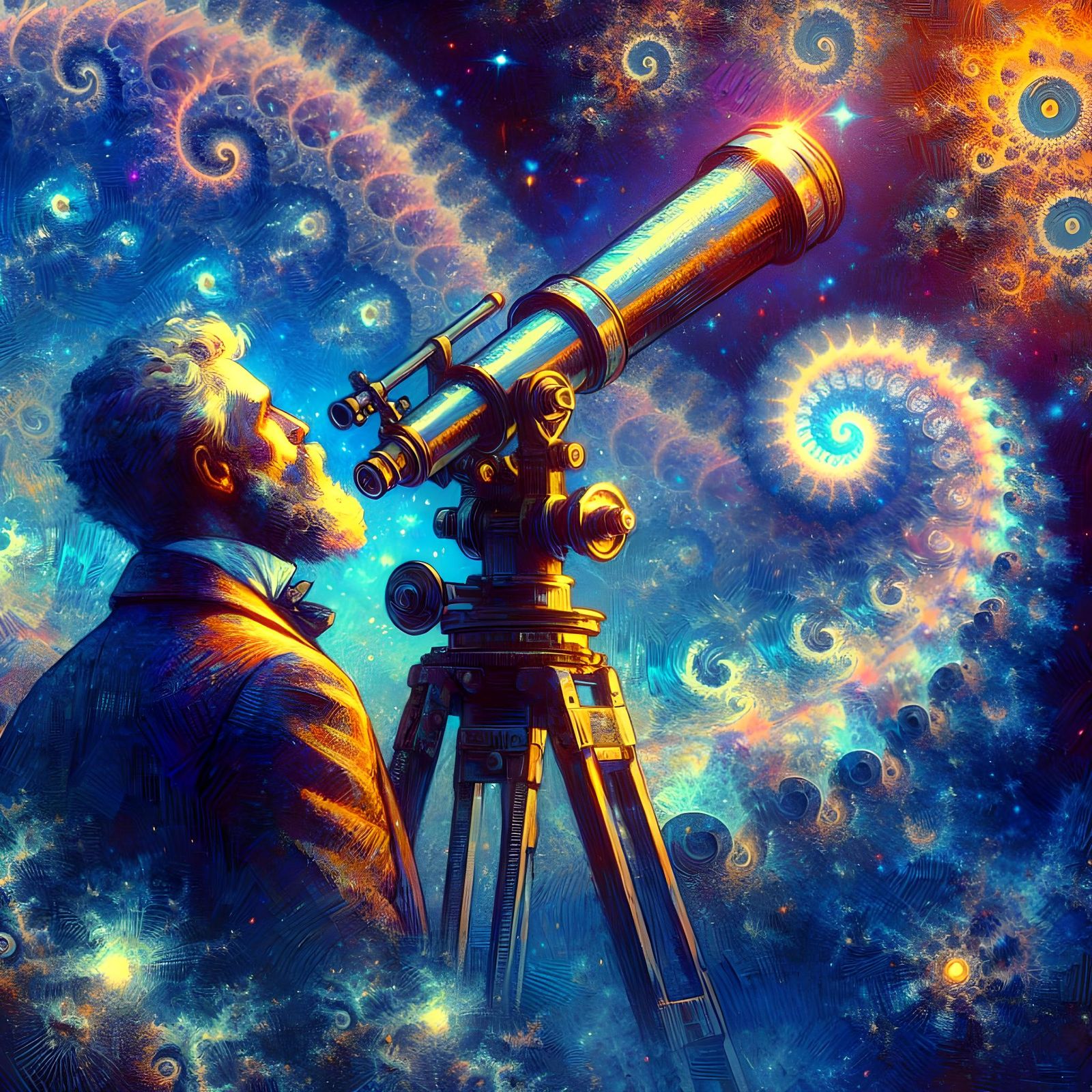 Astronomer Exploring Space with Telescope, in Surreal Impast...