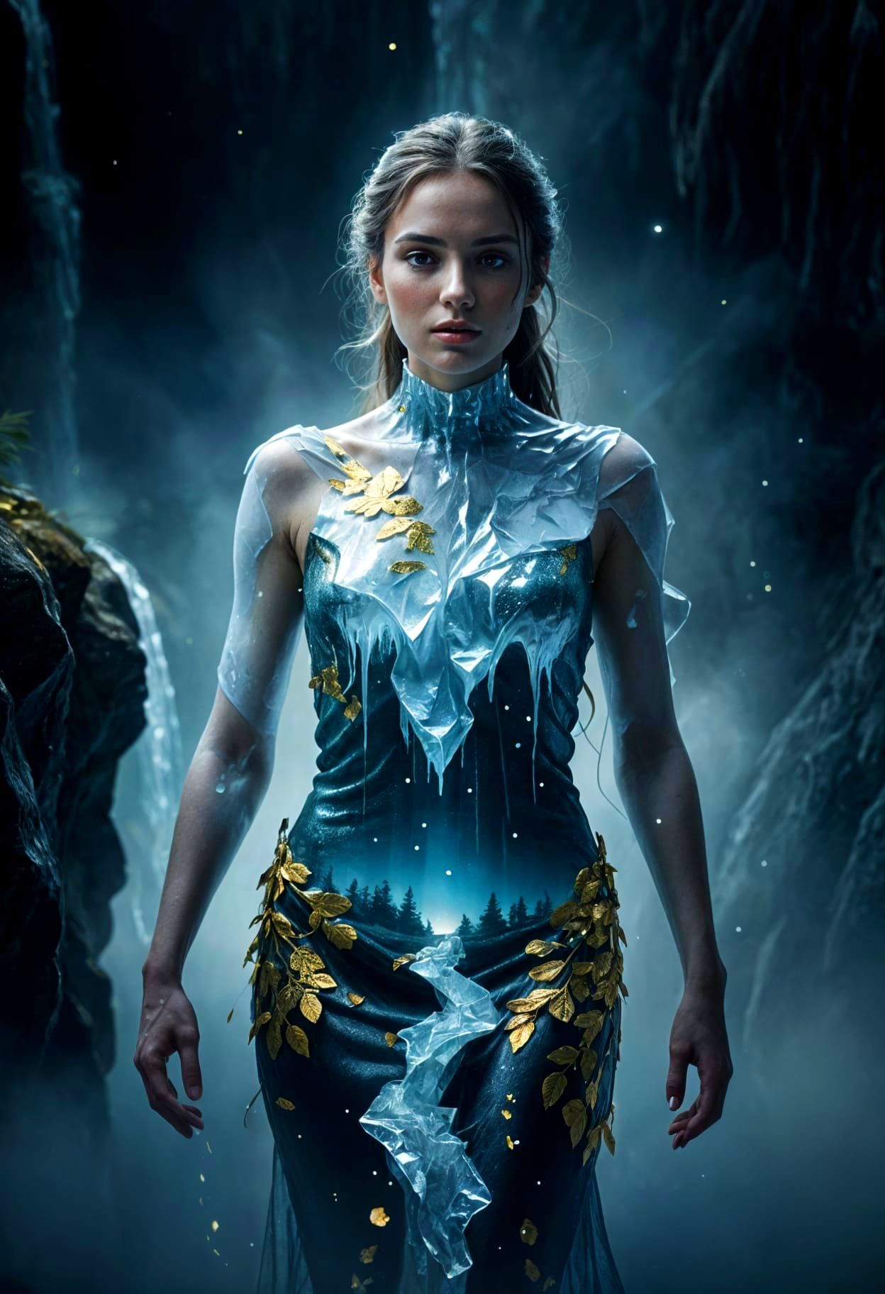 Ice Woman Double Exposure Forest Scene in 3D