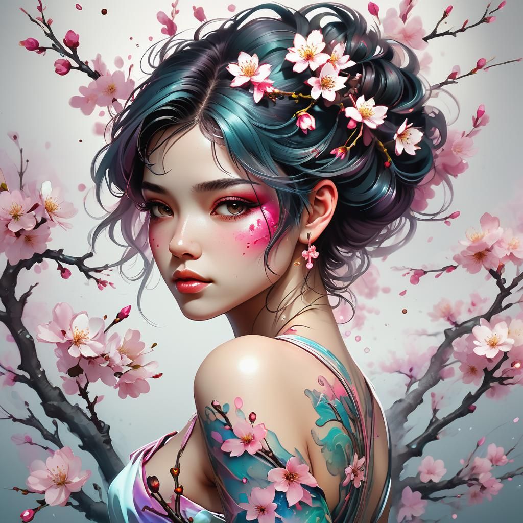 Alcohol Ink Cherry Blossom Tattoo Design