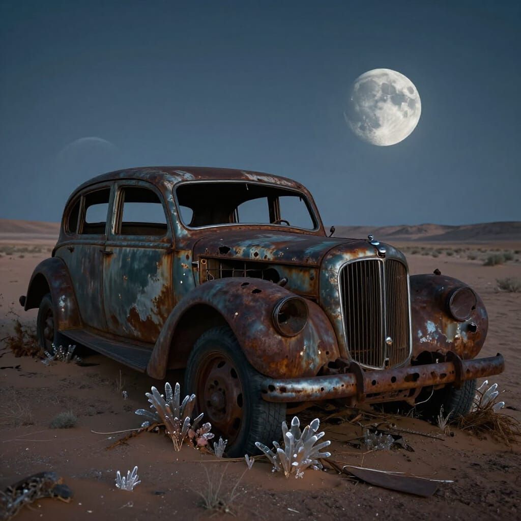 Abandoned Rusted Car in Alien Desert Landscape