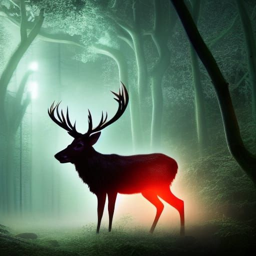 Glowing Stag in Dark Forest, Fantasy Concept Art