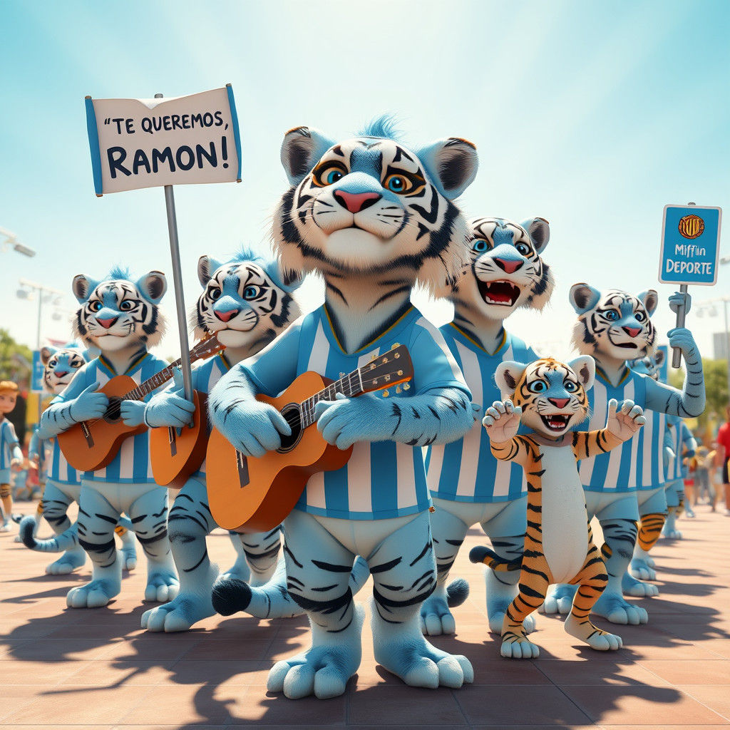 Anthropomorphic Tigers Parade in Sunlit Plaza