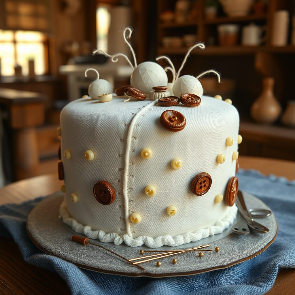 Denim Fabric Cake in Cozy Bakery Kitchen