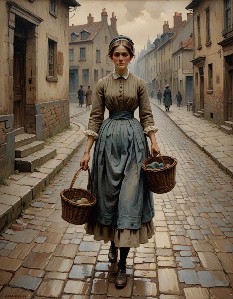 Impressionist Oil Painting of a Woman on Cobblestone Street