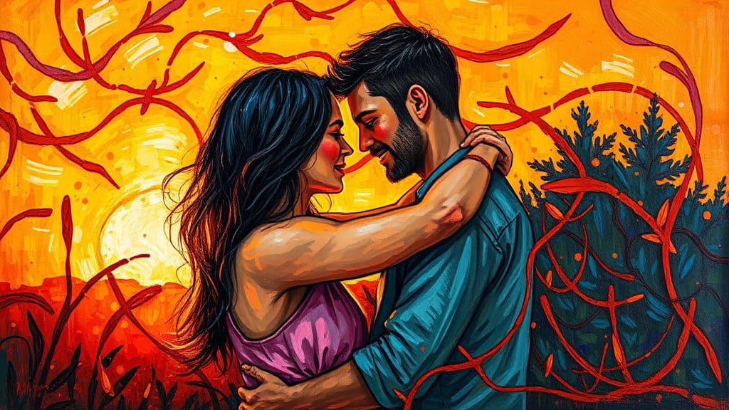 Romantic Embrace in Sunset Glow, Neo-Impressionist Style