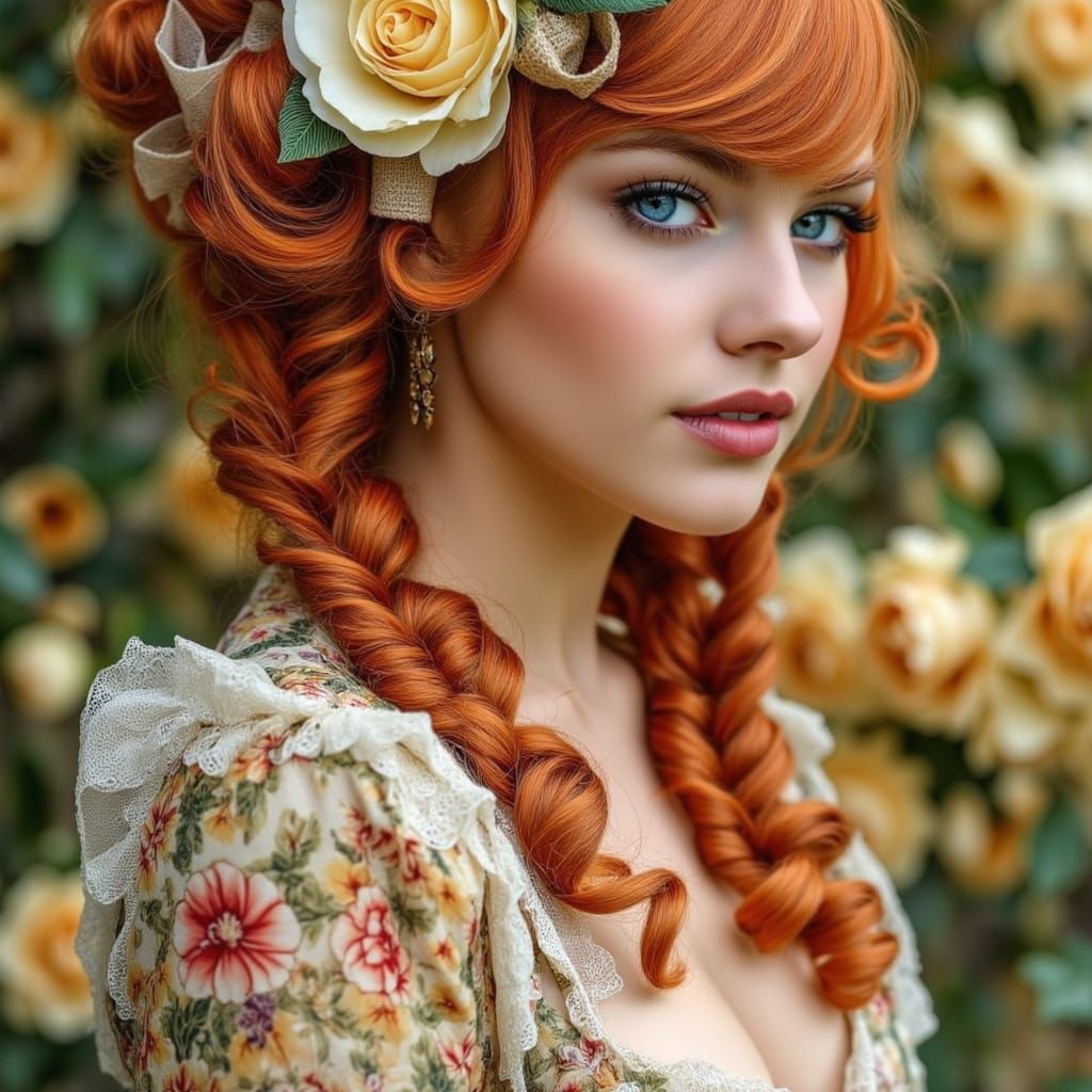 Red-Haired Beauty in Floral Garden, Art Nouveau