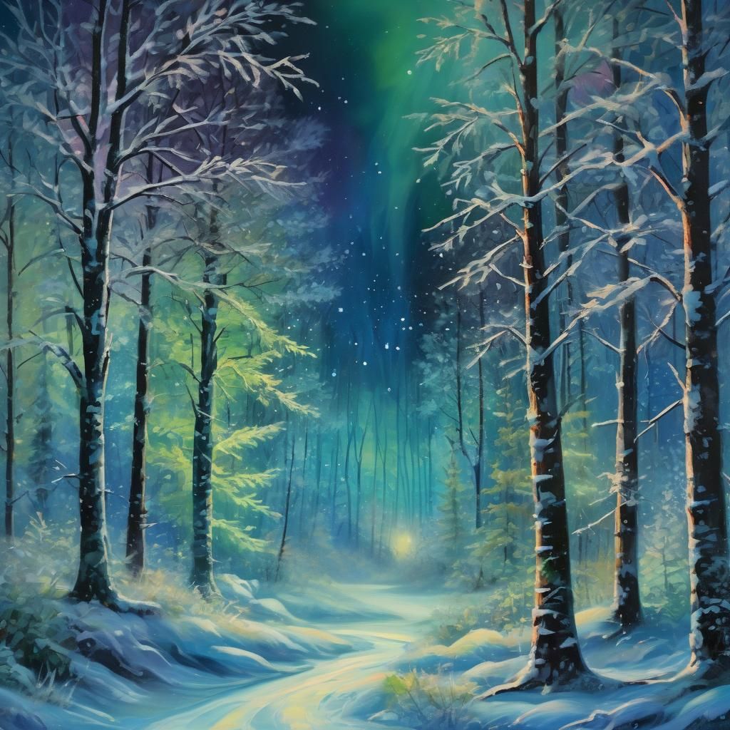 Winter Forest Illuminated by Northern Lights as Oil Painting
