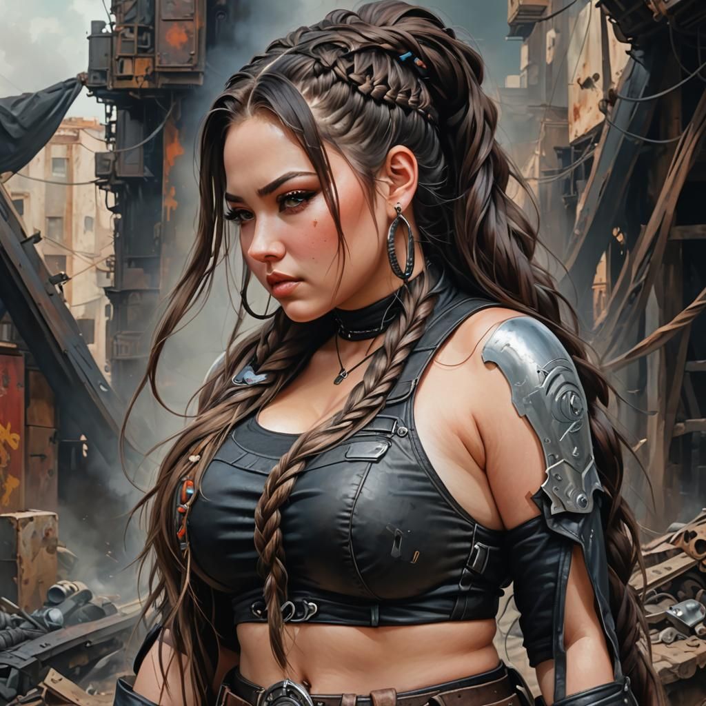 Curvy Woman in Post-Apocalyptic Acrylic Painting