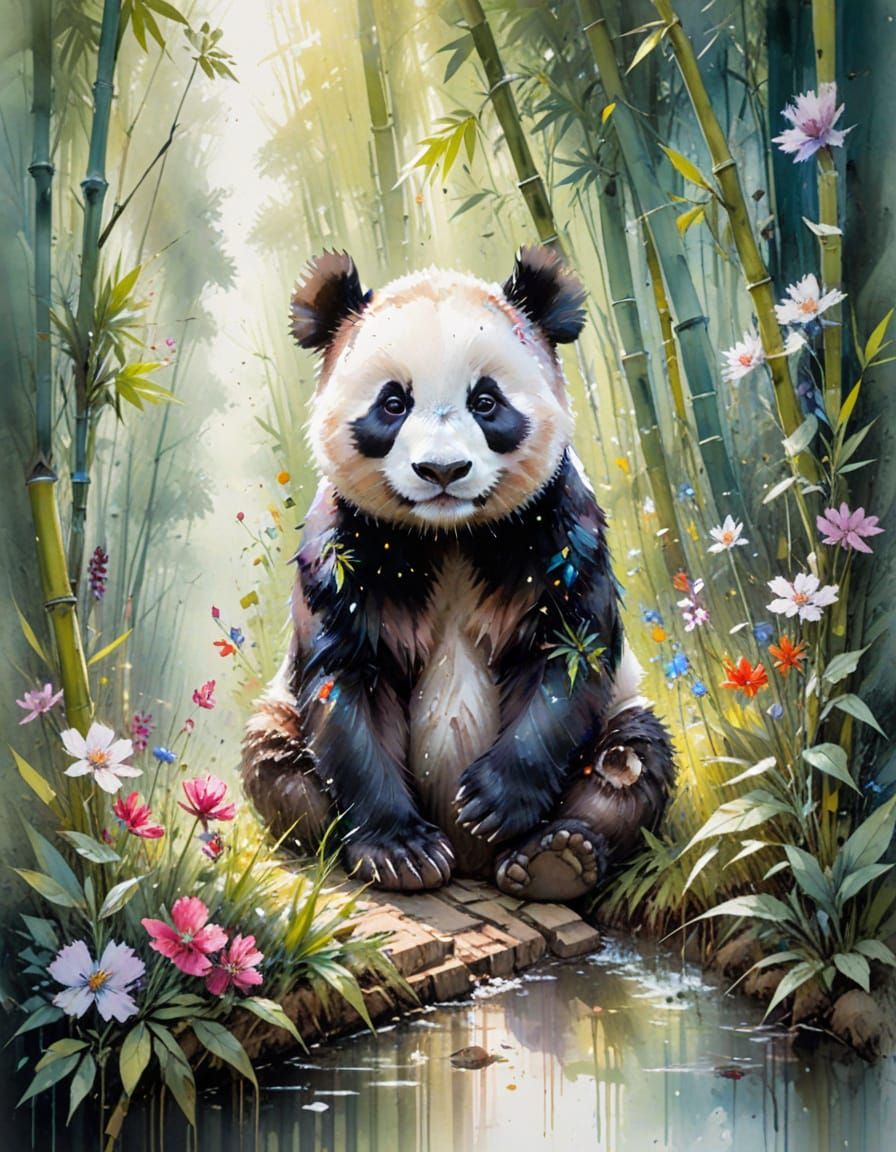 Adorable Panda on Sunlit Bamboo Path in Vibrant Forest