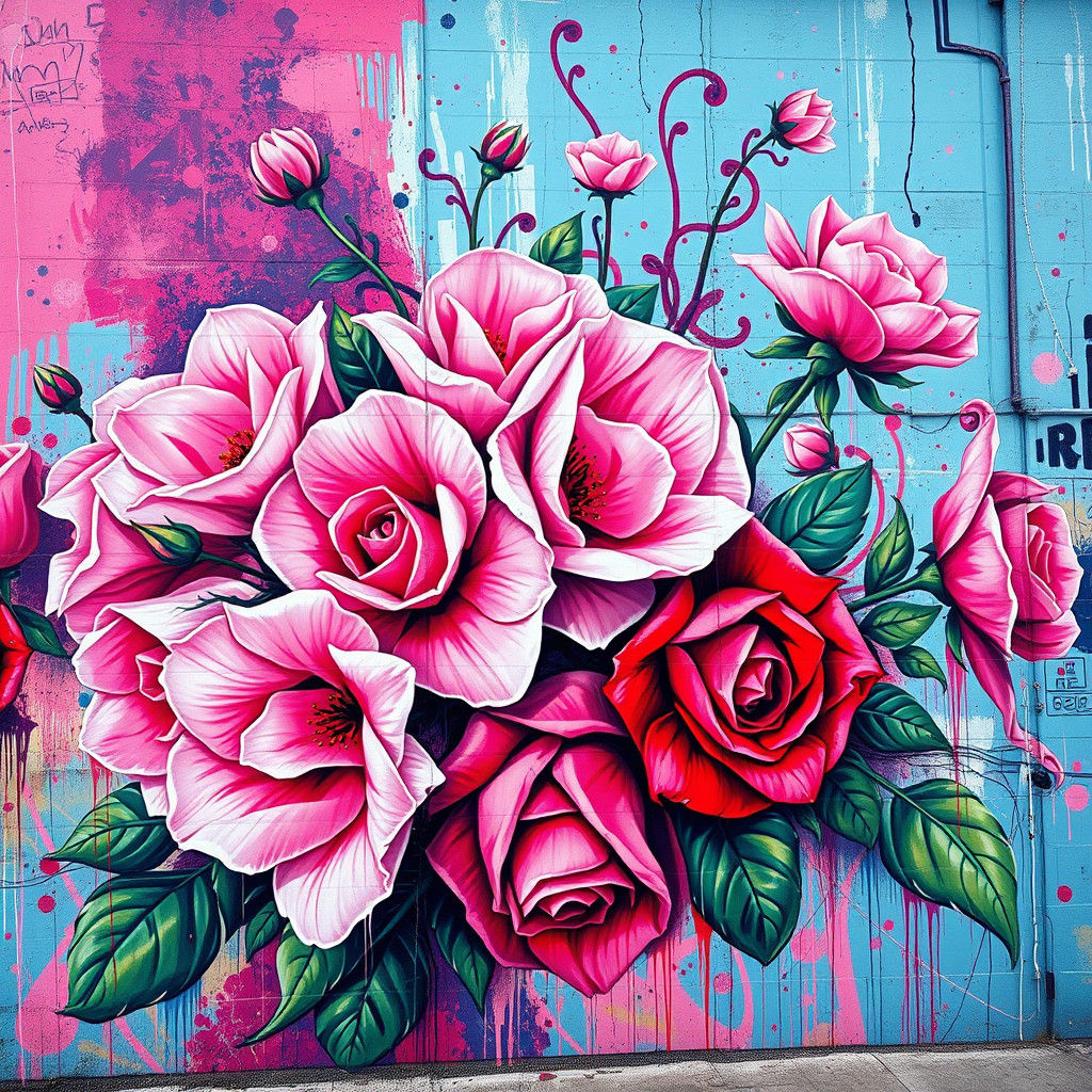 Vibrant Street Art Mural in a Kaleidoscopic Floral Pattern