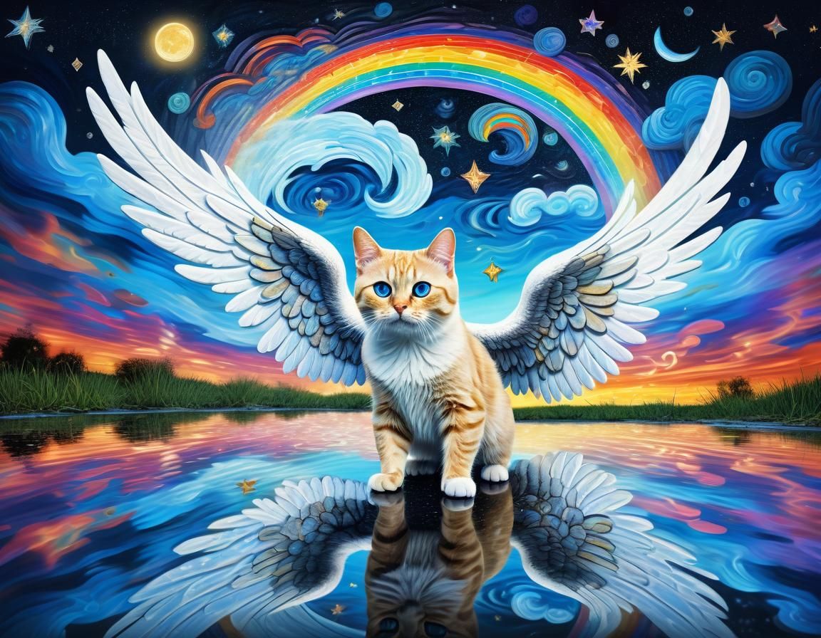 Winged Cat in Starry Night: Surreal Digital Art