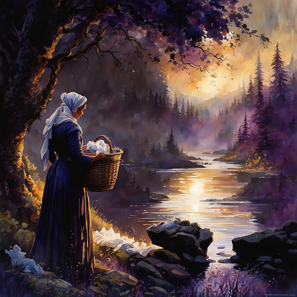 Woman Washing Laundry in a Vintage River Scene