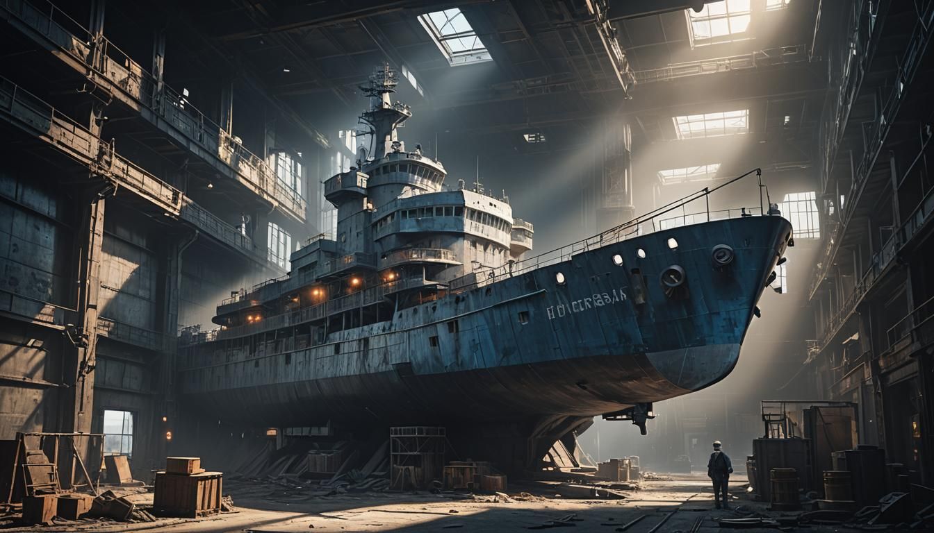 Blueprint Ship Concept Art in Film Noir Style