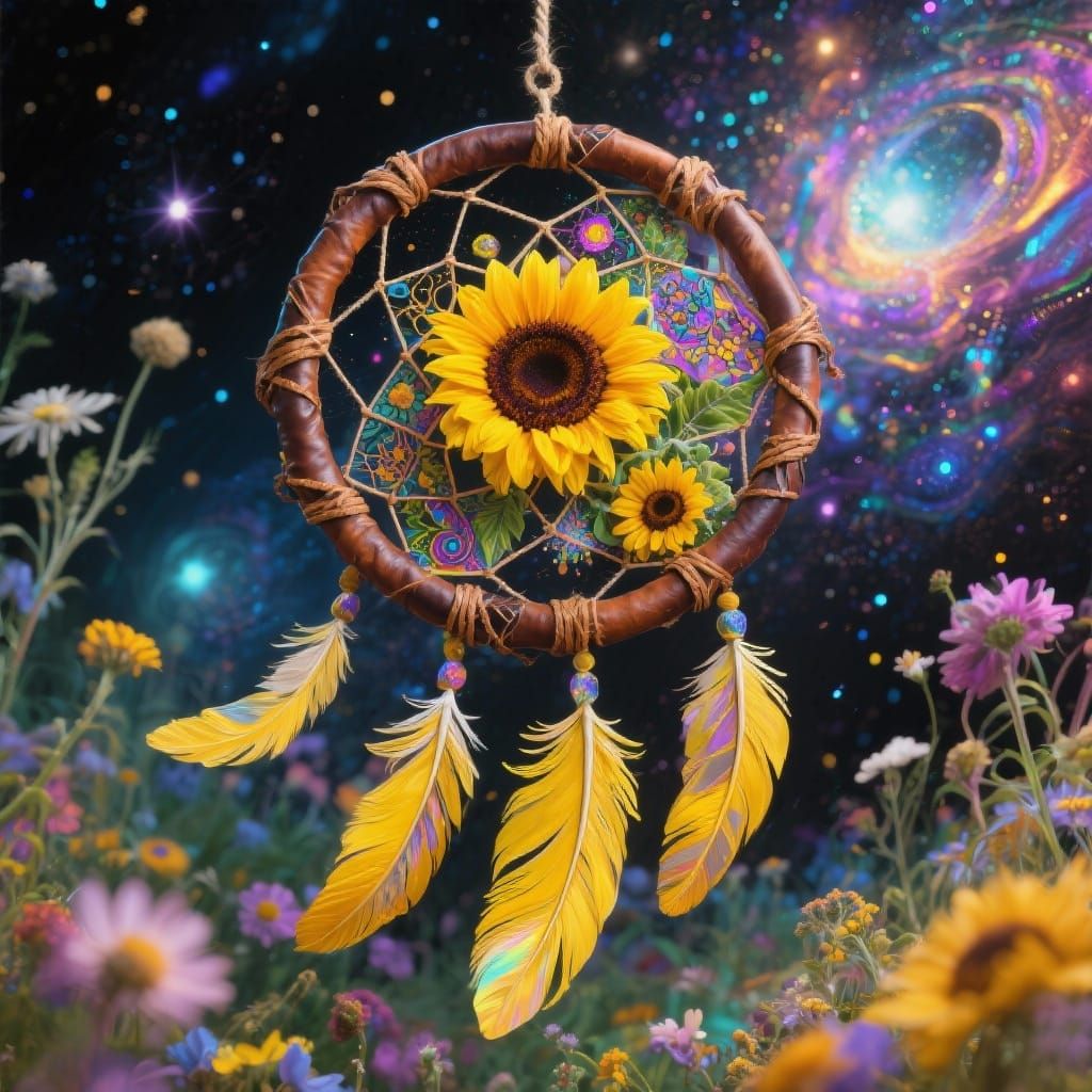 Cosmic Dreamcatcher with Sunflowers, Amaringo Style