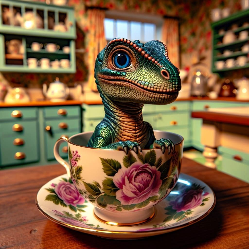 Baby T-Rex in Teacup, Retro Kitchen Scene