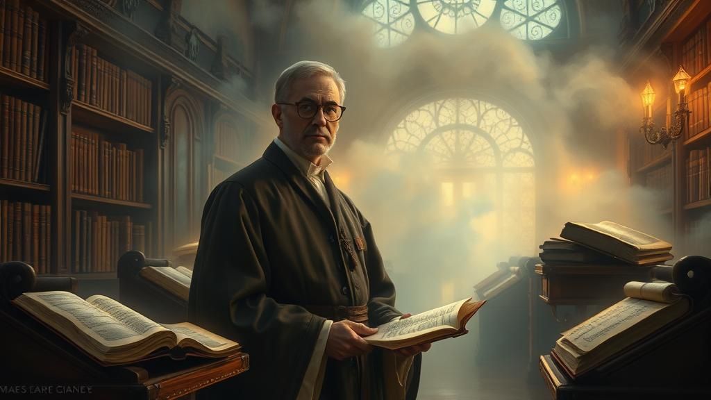 Mystical Bookstore Scene with Cleric in Baroque Style