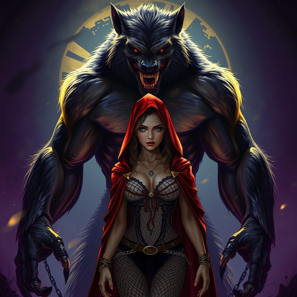Giant Werewolf Towers Over Red-Hooded Woman in Dark Fantasy