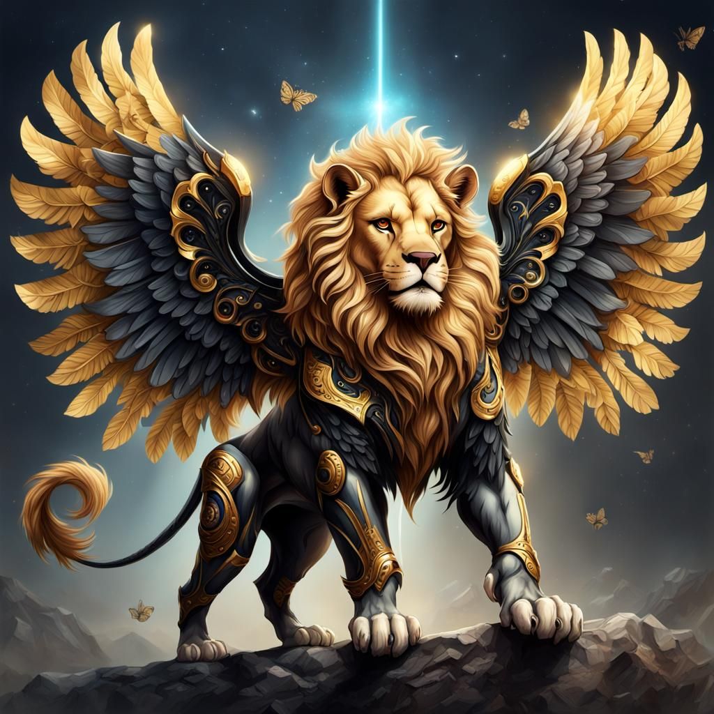 Anthropomorphic Winged Lion with Futuristic Car, Digital Art