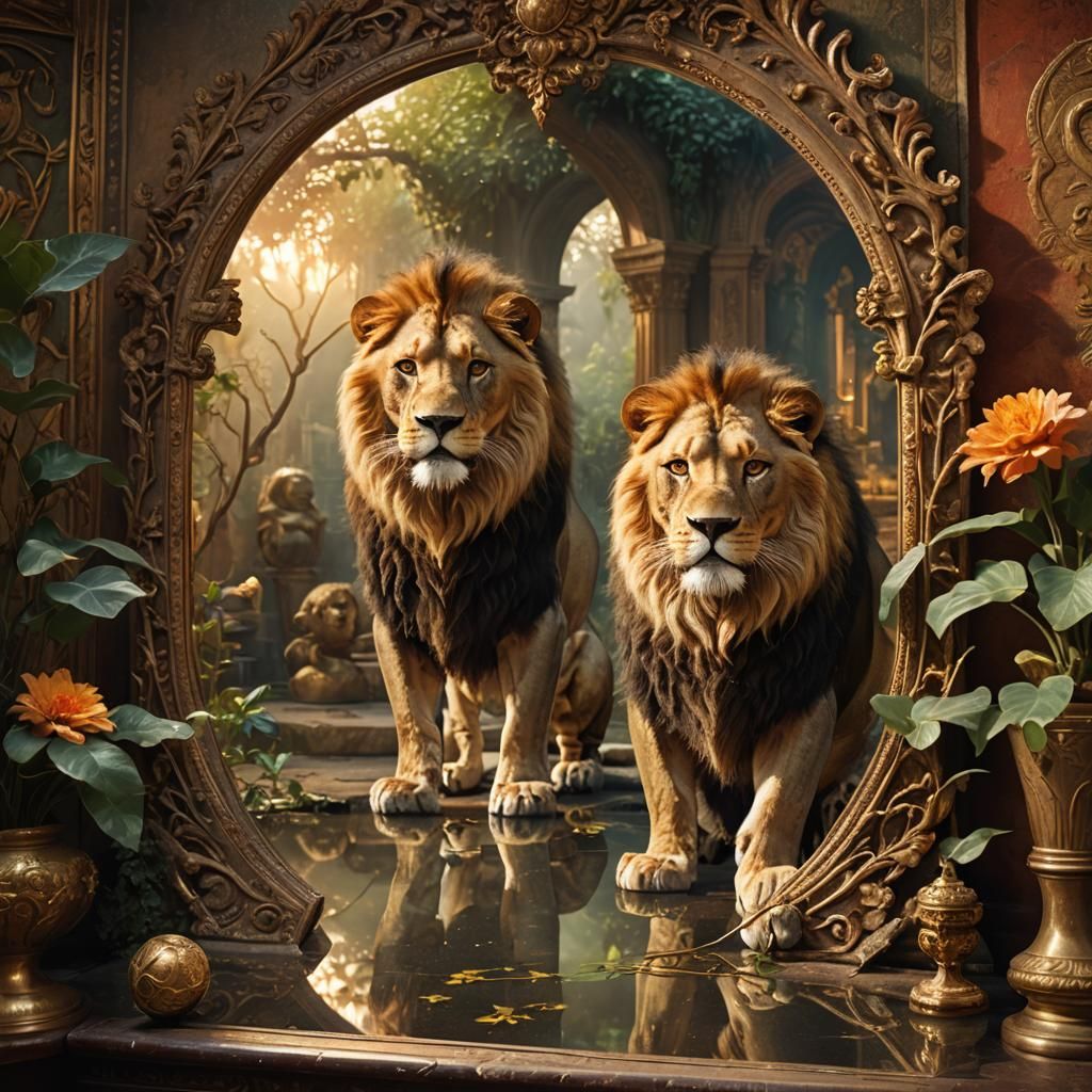 Lion's Reflection in Gilded Mirror