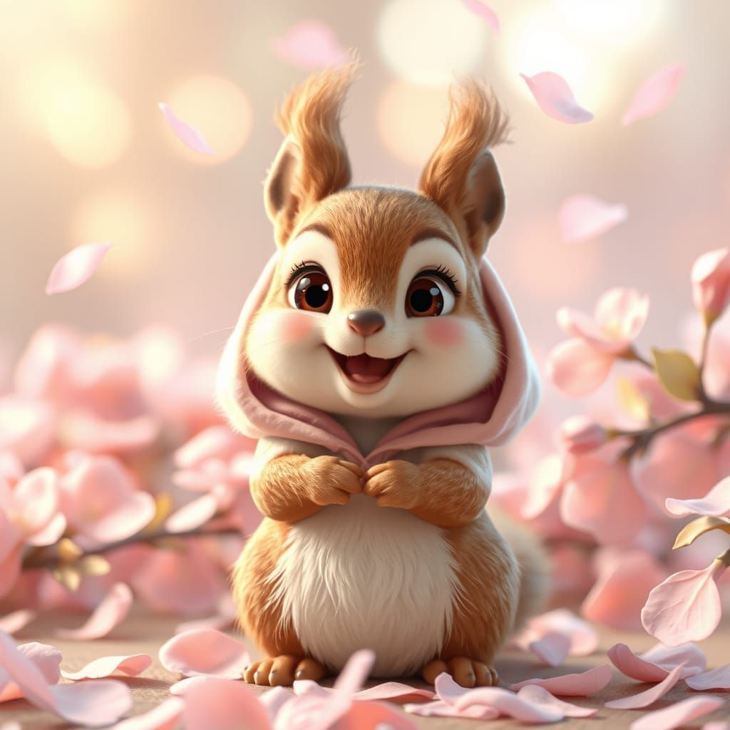 Baby Squirrel in Pink Hoodie in Enchanted Garden