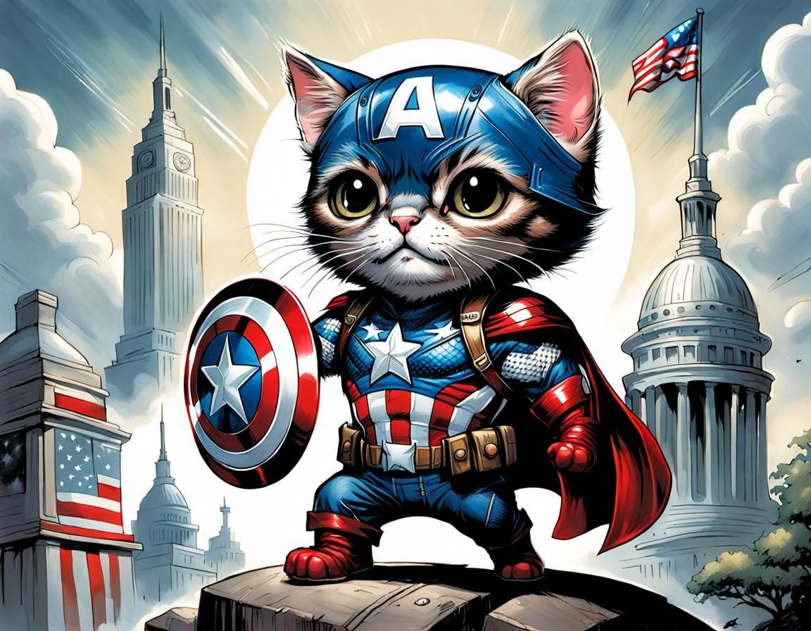 Captain America Cat in Comic Book Style