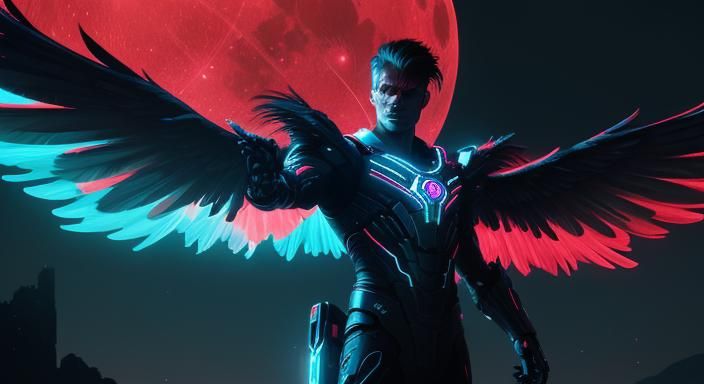 Neon Angel with Red Wings and Blue Moon