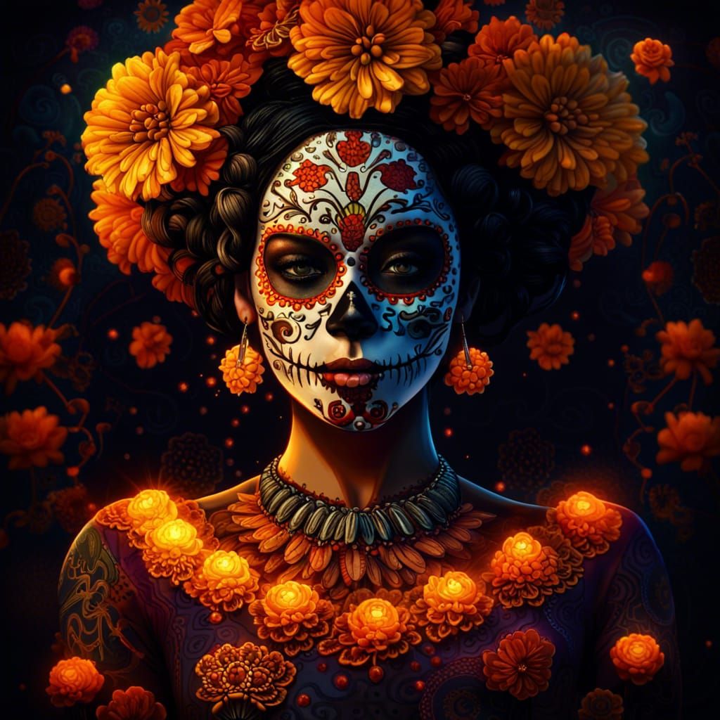 Mexican Sugar Skull Woman with Marigolds in Psychedelic Styl...