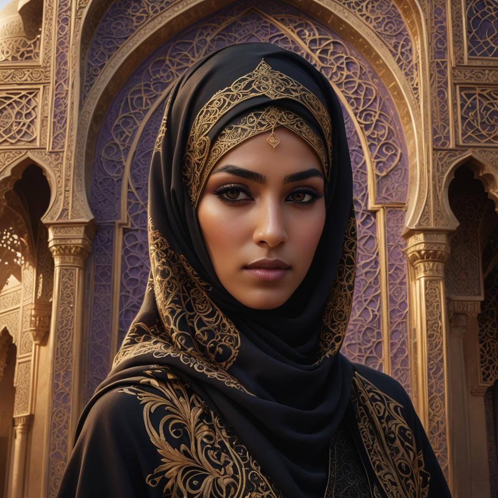 Muslim Woman in Niqab with Golden Embroidery
