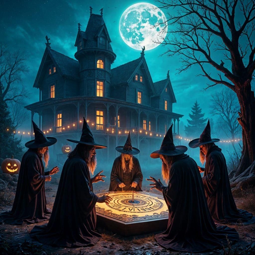 Male Witches at Ouija Board, Halloween Concept Art