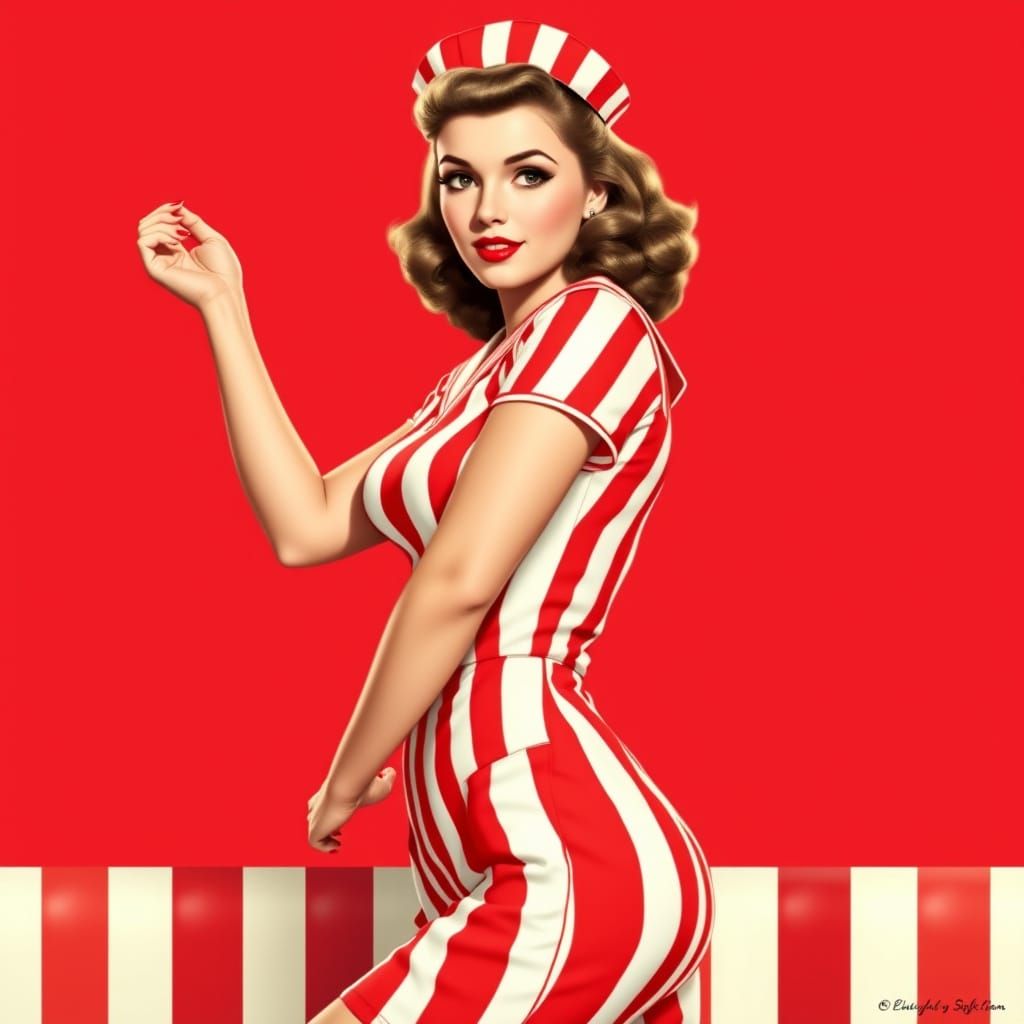 Classic Pinup Girl in Red and White Striped Candystriper Uni...