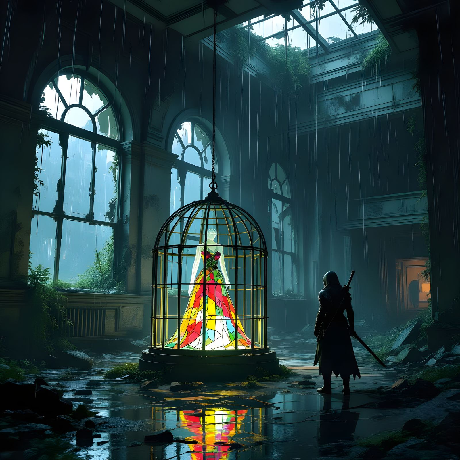 Glowing Stained Glass Dress in Ruined Museum