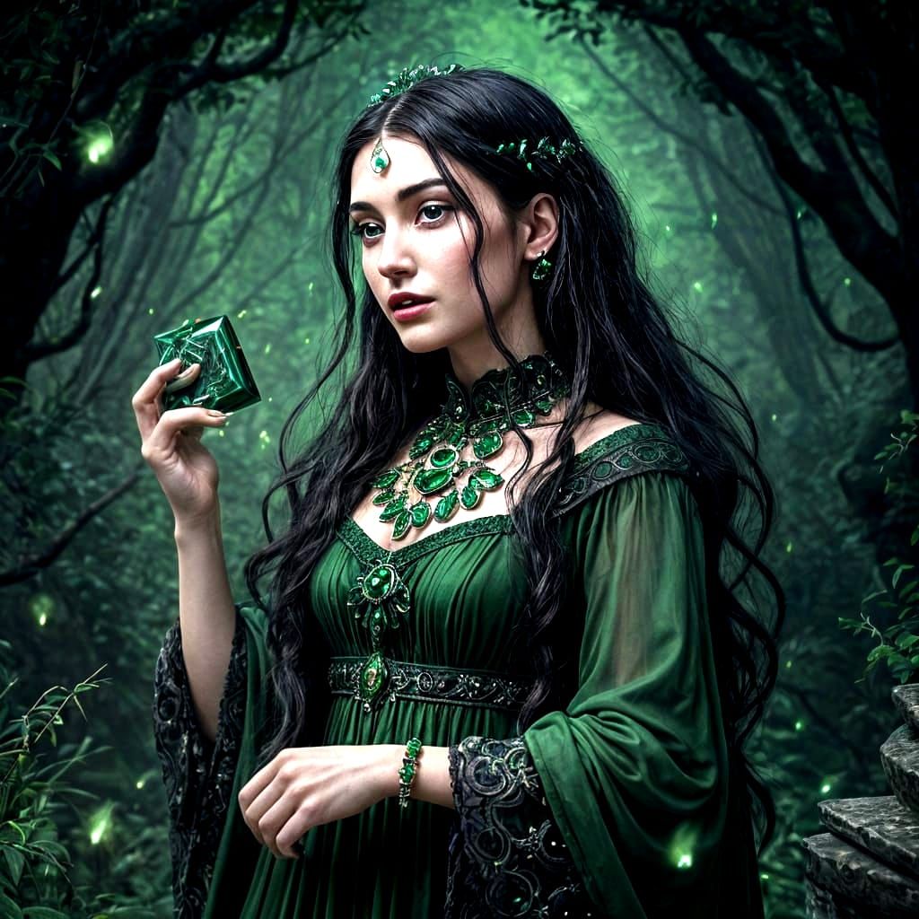 Malachite Witch with Glowing Box, Fantasy Art