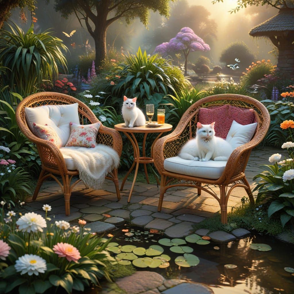 Fantasy Garden with Cat and Dragonflies in 3D