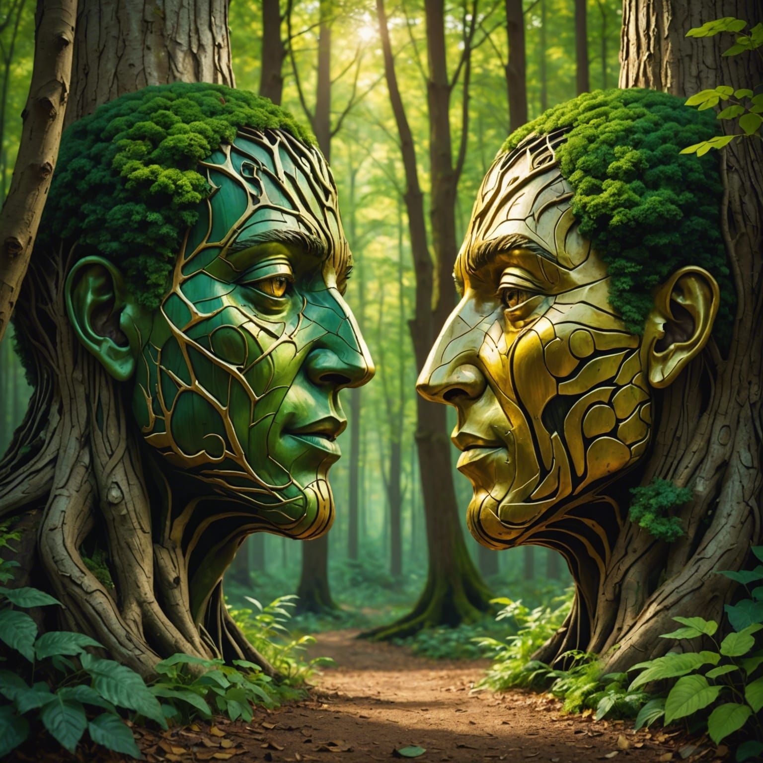 Talking Trees in Forest, Hyperrealistic Splash Art