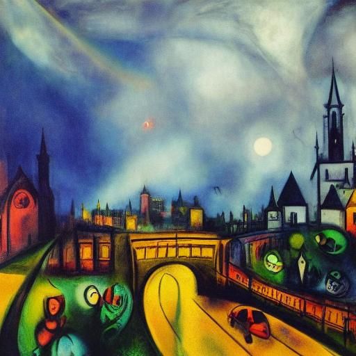 Dreamlike Vampire Cityscape in Gothic, Cubist Style