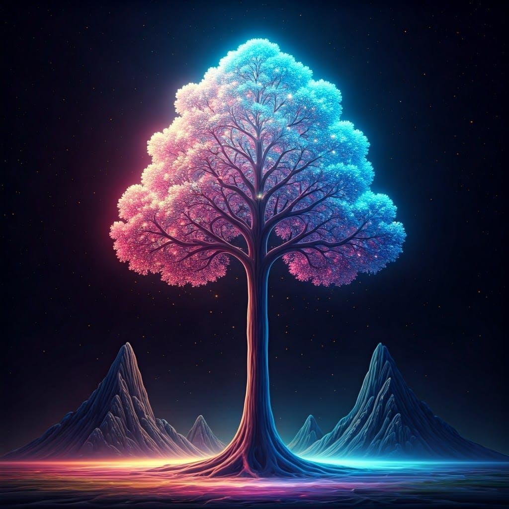Dreamlike Neon Tree in a Rainbow Nebula