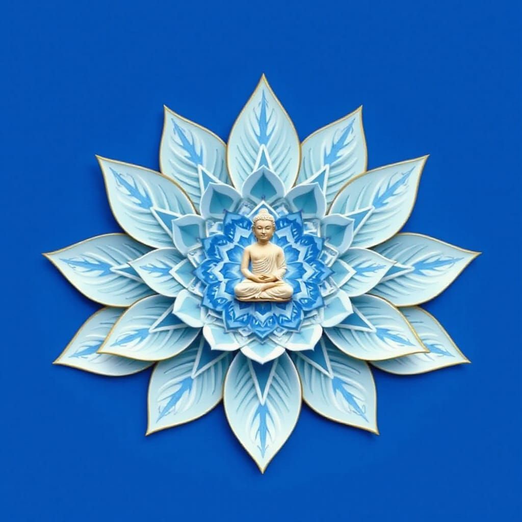Lotus Flower Mandala with Tiny Buddha in Meditation
