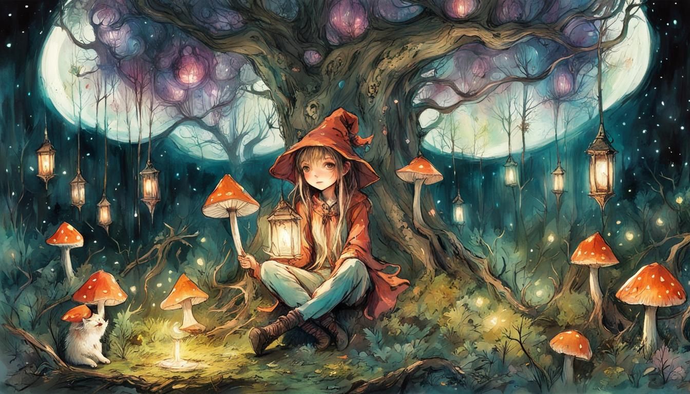 Cute Witch Girl and Cat by Magical Tree