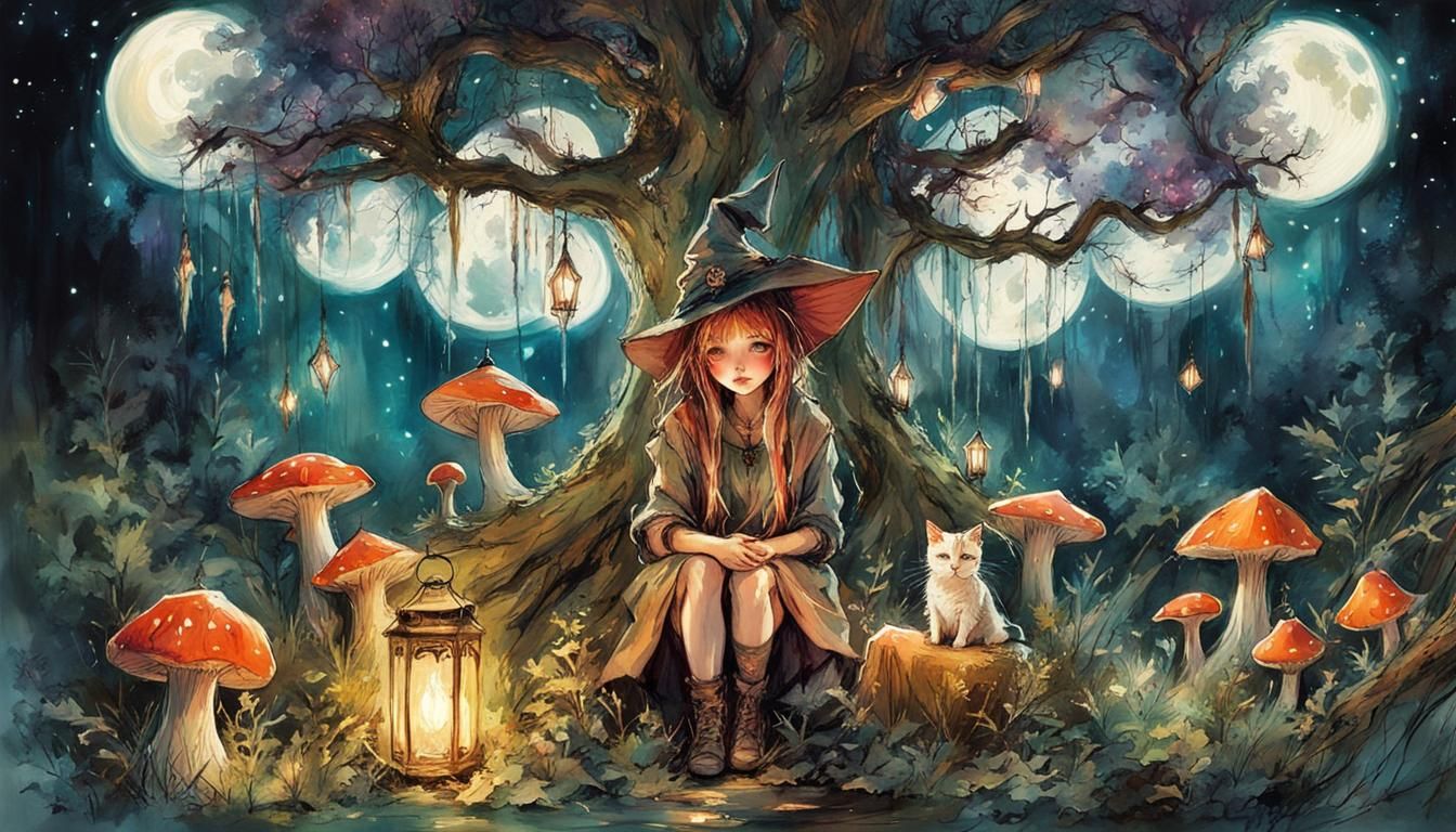 Cute Witch Girl and Cat by Magical Tree
