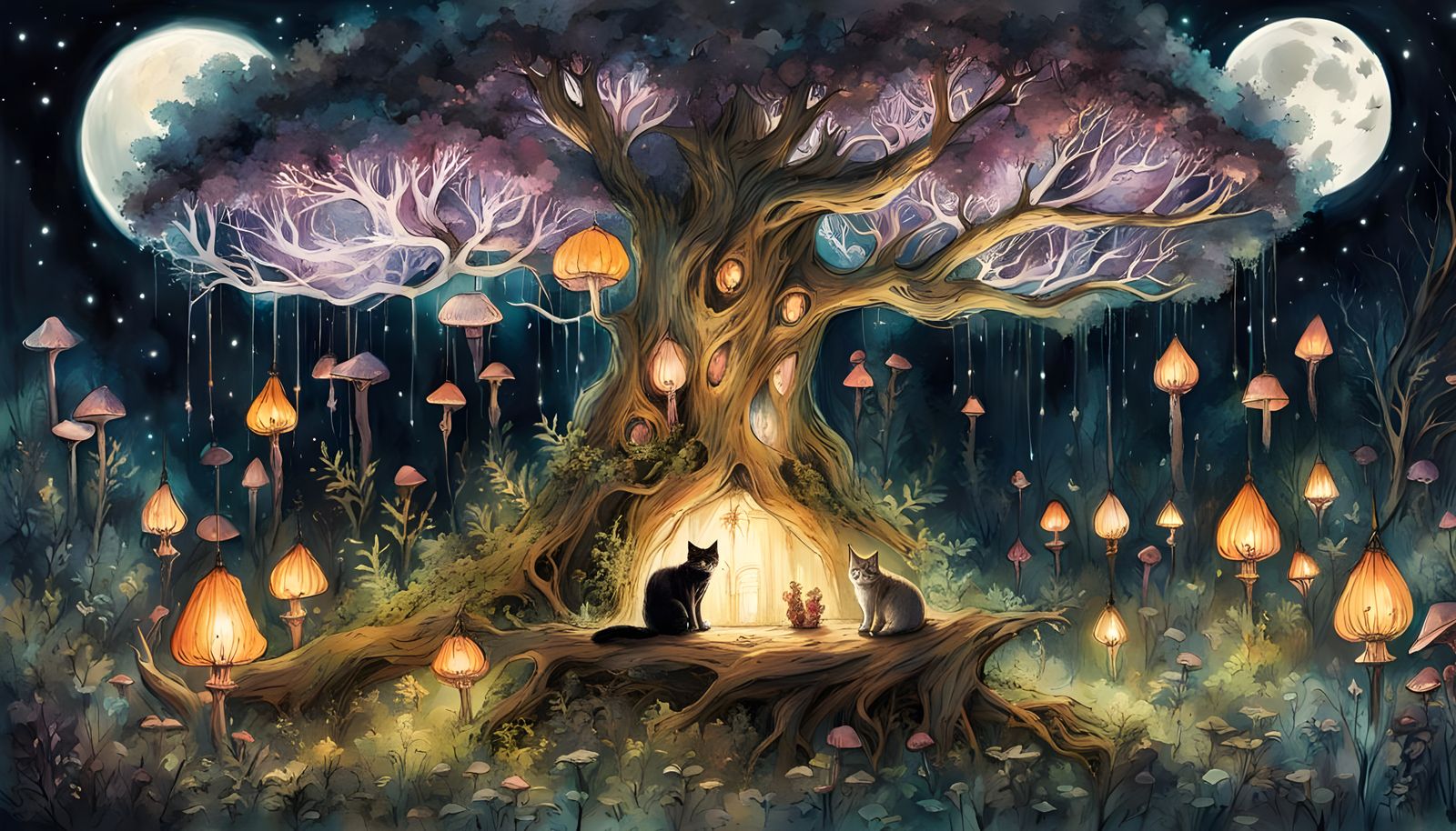 Cute Witch Girl and Cat in Magical Forest