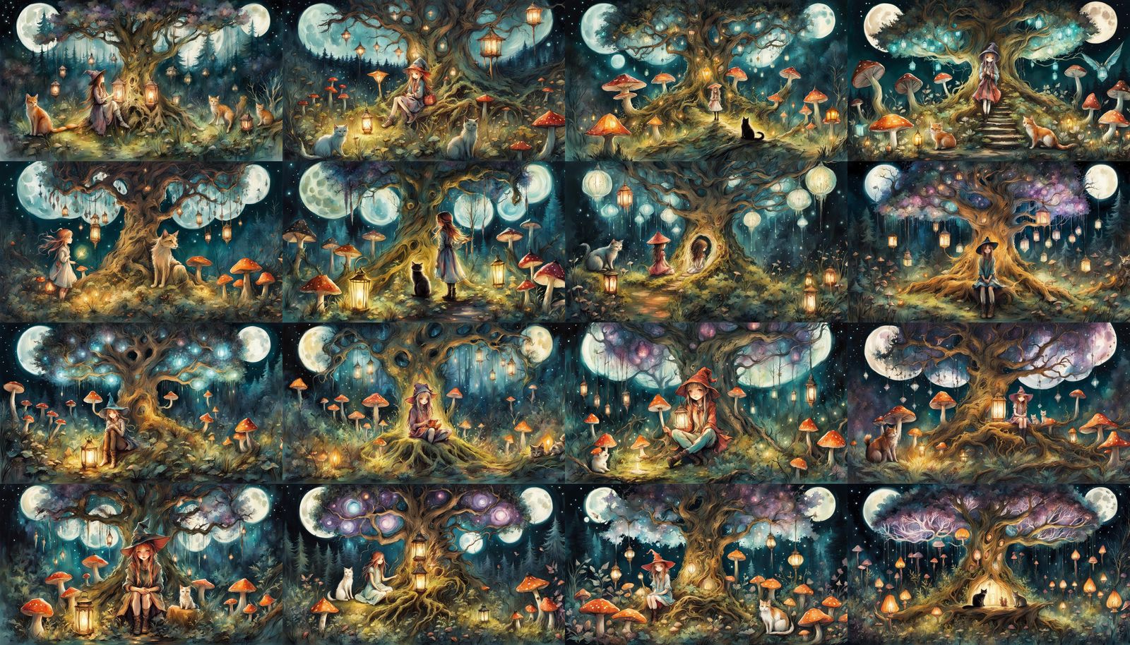 Cute Witch Girl and Cat in Magical Forest