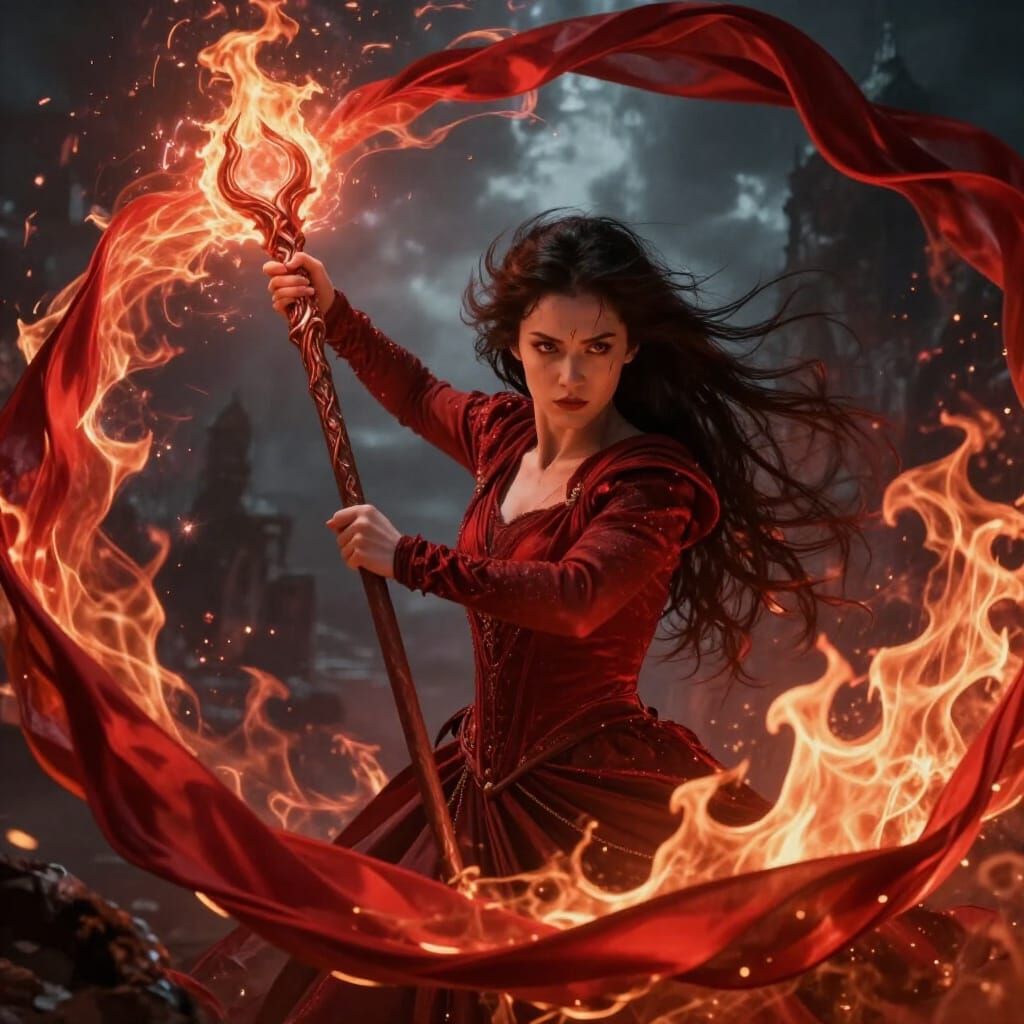 Sorceress Conjures Fiery Spell with Staff